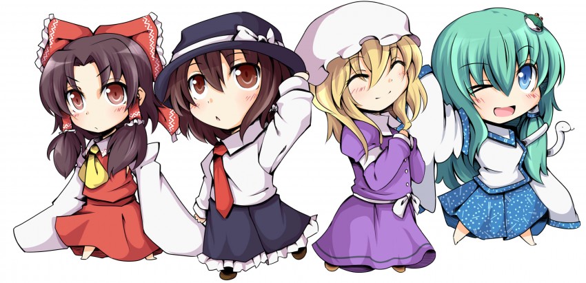 hakurei reimu, kochiya sanae, usami renko, and maribel hearn (touhou) drawn by chata_maru_(irori_sabou)