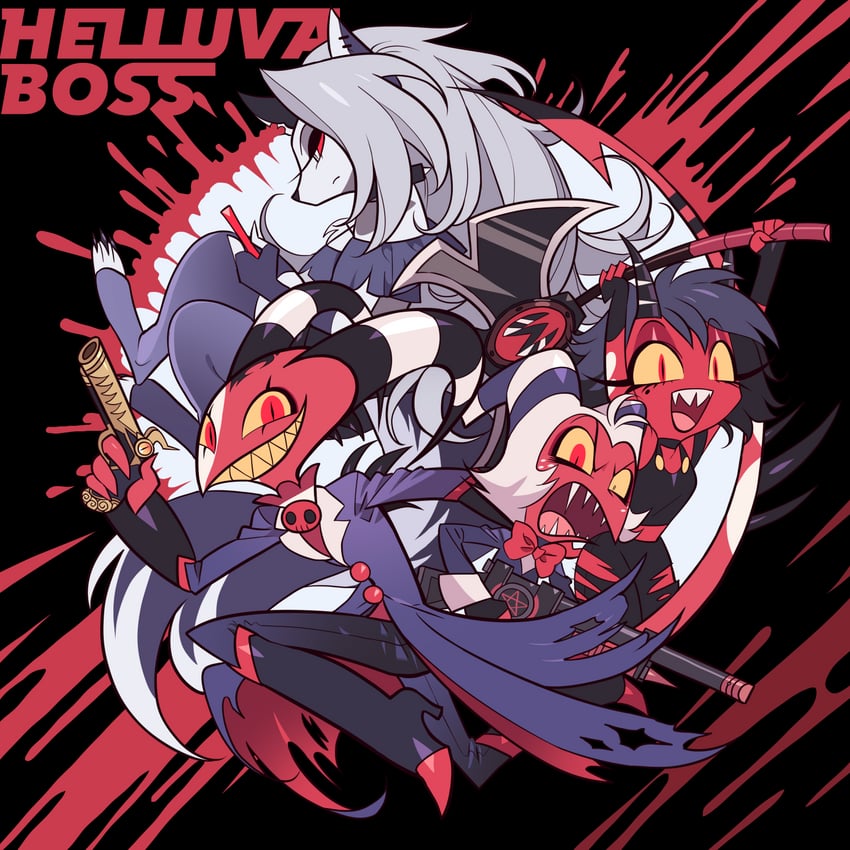 loona, blitzo, moxxie, and millie (helluva boss) drawn by meremero