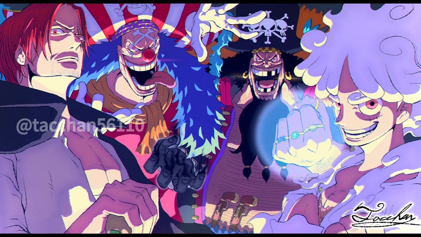 monkey d. luffy, shanks, buggy the clown, and marshall d. teach (one piece) drawn by tacchan56110