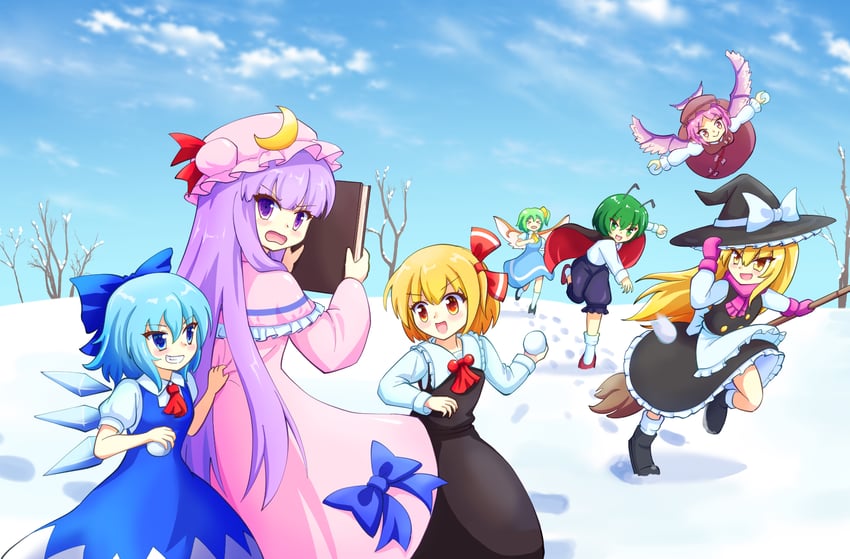 kirisame marisa, cirno, patchouli knowledge, rumia, mystia lorelei, and 2 more (touhou) drawn by yoruniwa