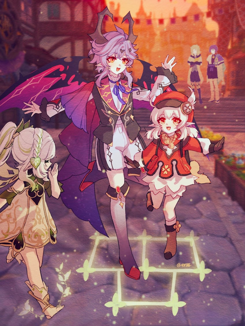 scaramouche, nahida, wanderer, klee, albedo, and 1 more (genshin impact) drawn by rainbowsugarflower