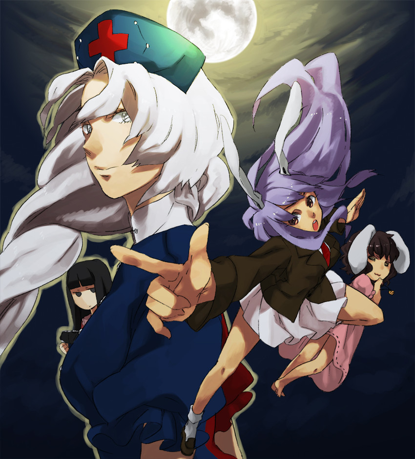 reisen udongein inaba, houraisan kaguya, inaba tewi, and yagokoro eirin (touhou) drawn by tatta_tam
