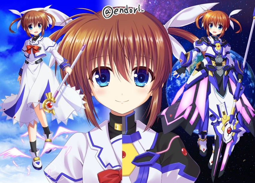 takamachi nanoha, raising heart, and raising heart estrea (lyrical nanoha and 2 more) drawn by endori
