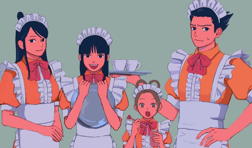phoenix wright, maya fey, mia fey, and pearl fey (ace attorney and 1 more) drawn by 23011620x