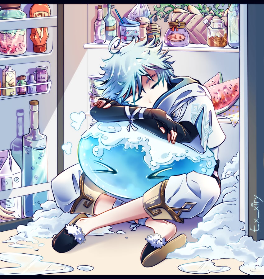 slime, chongyun, and cryo slime (genshin impact) drawn by ex_xiry