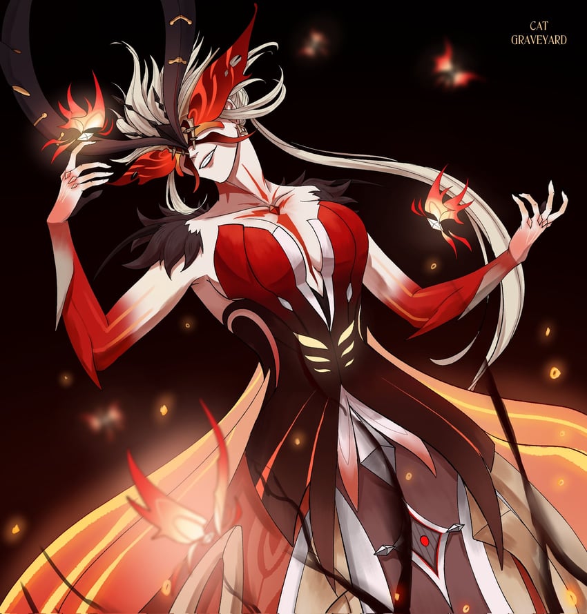 crimson lotus moth and signora (genshin impact) drawn by cat_graveyard