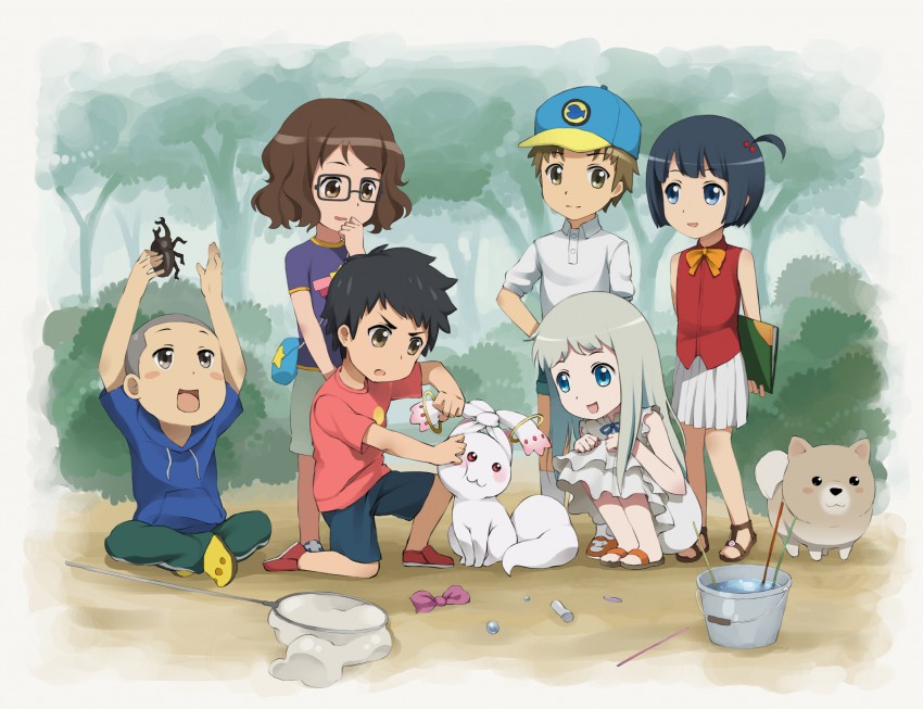 kyubey, honma meiko, anjou naruko, tsurumi chiriko, yadomi jinta, and 2 more (mahou shoujo madoka magica and 1 more) drawn by fengmu