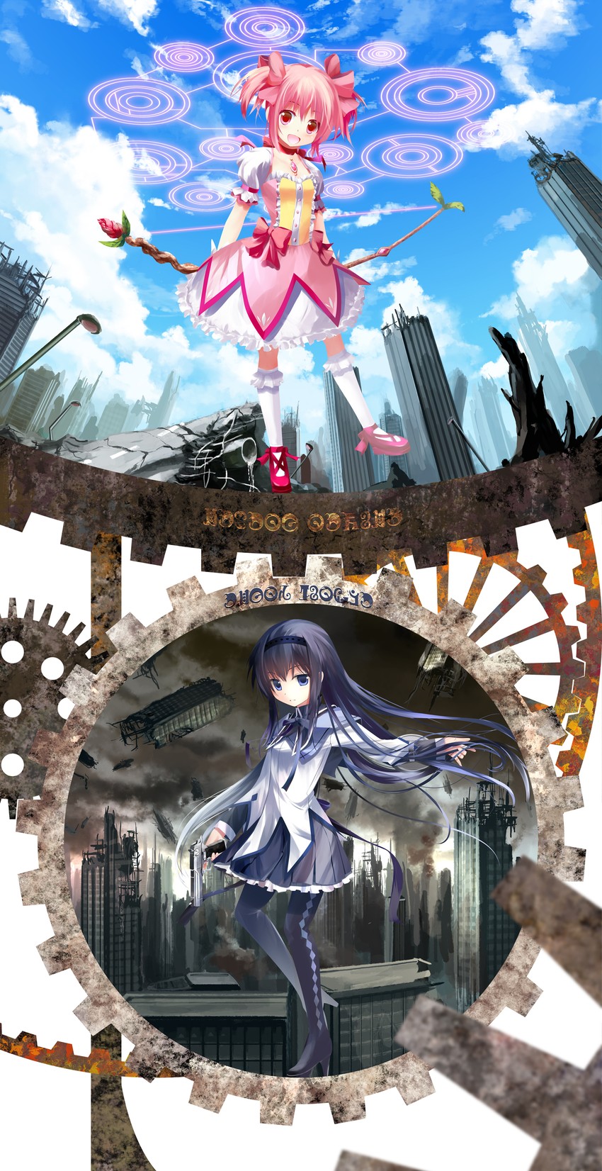 akemi homura and kaname madoka (mahou shoujo madoka magica) drawn by kouji_(astral_reverie)