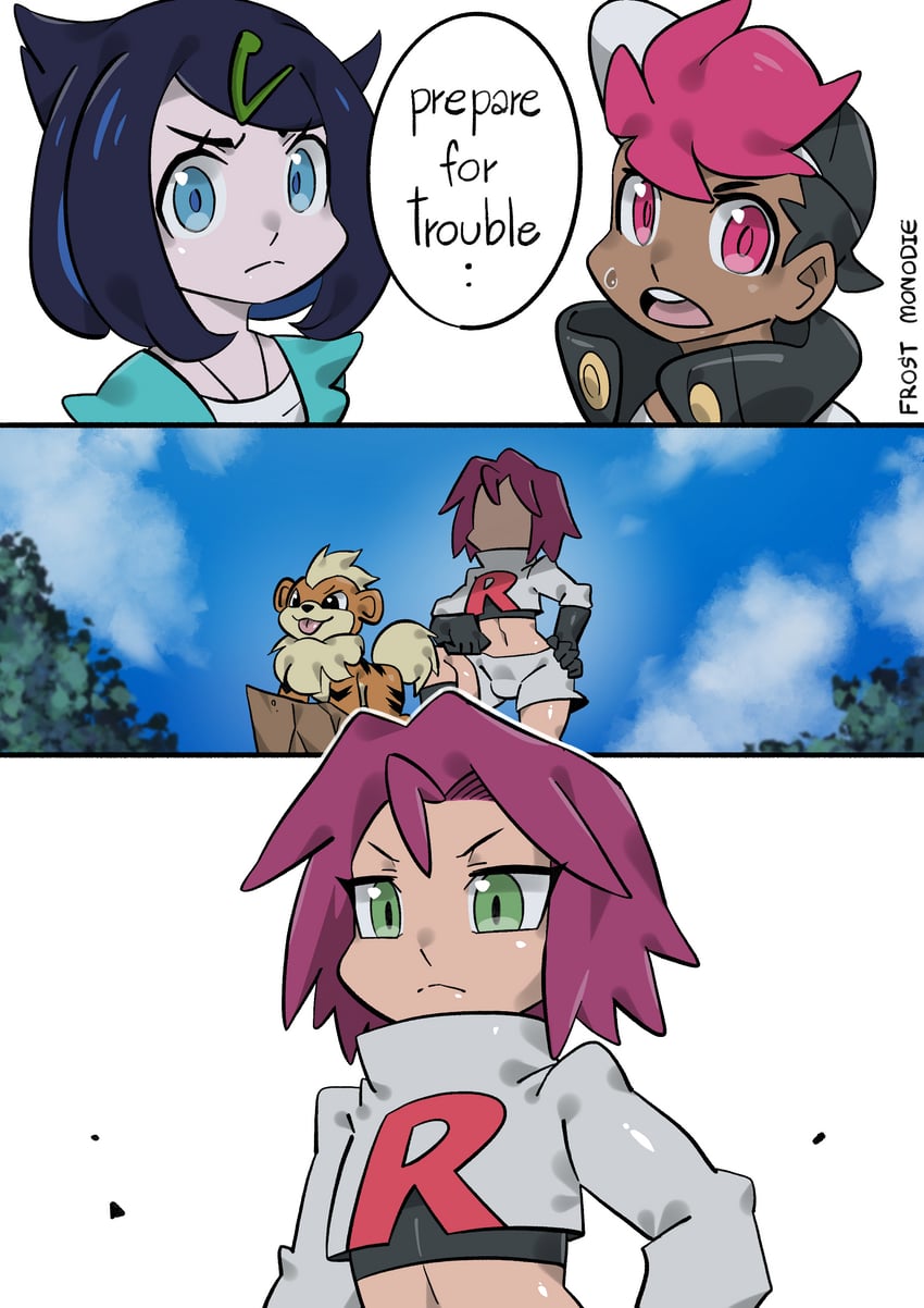 liko, growlithe, and roy (pokemon and 1 more) drawn by frost_monodie