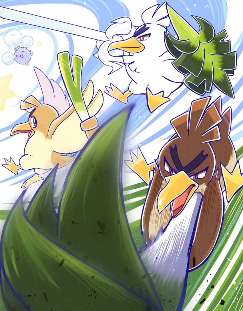 jumpluff, sirfetch'd, farfetch'd, and galarian farfetch'd (pokemon) drawn by shuri_(syurigame)