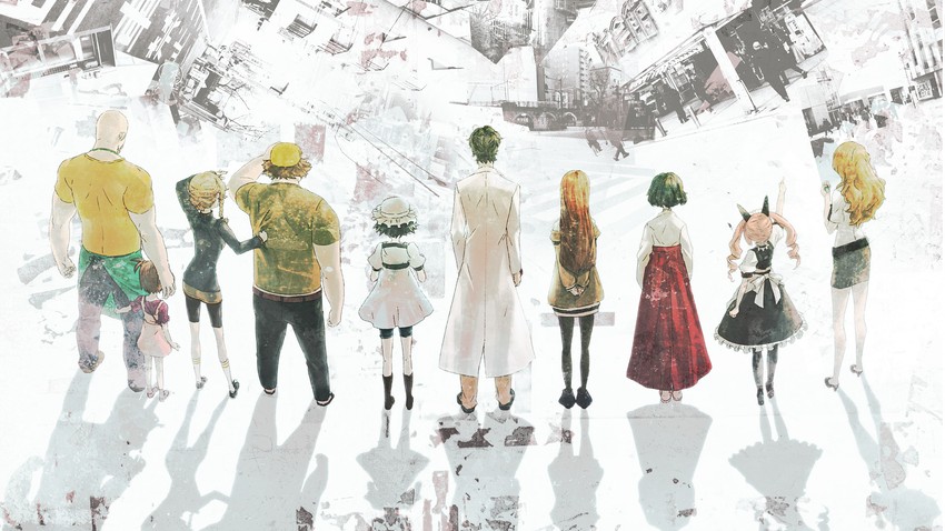 makise kurisu, okabe rintarou, shiina mayuri, amane suzuha, urushibara ruka, and 5 more (steins;gate) drawn by huke