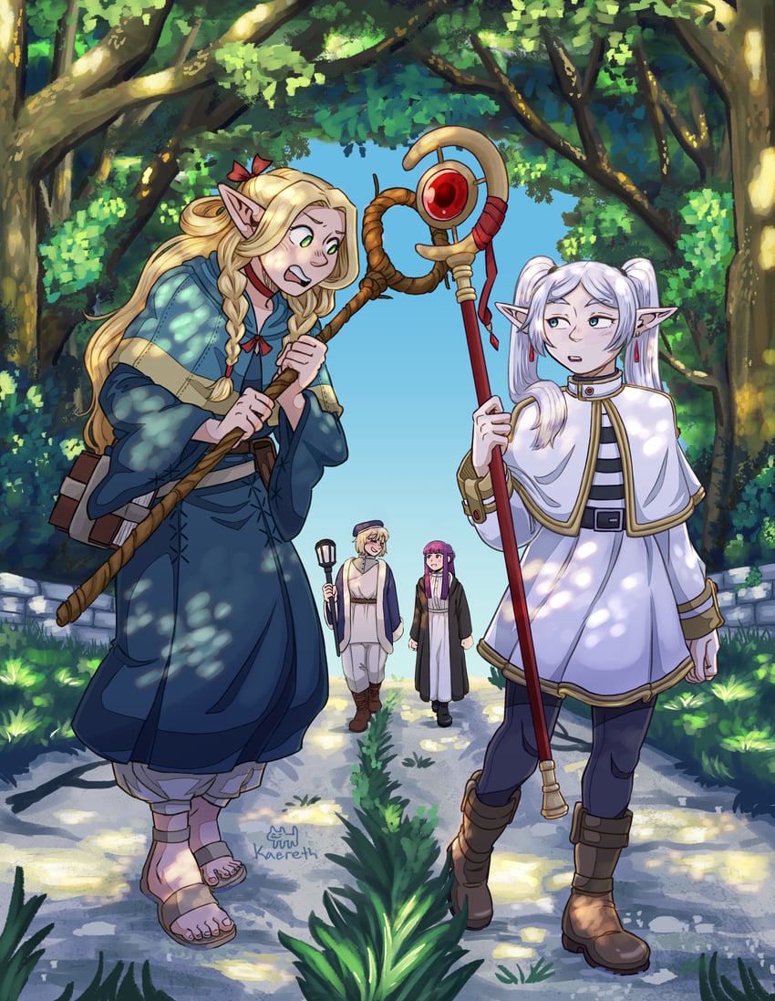 frieren, fern, marcille donato, and falin touden (sousou no frieren and 1 more) drawn by kaereth