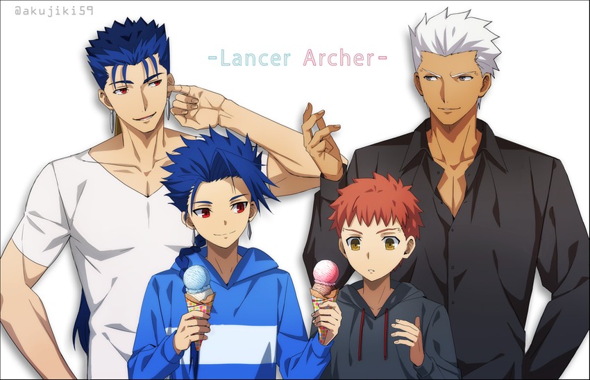 emiya shirou, archer, cu chulainn, and setanta (fate and 2 more) drawn by akujiki59