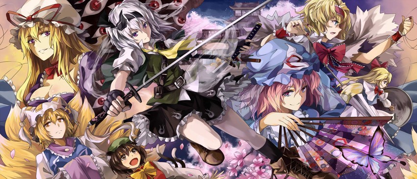 konpaku youmu, alice margatroid, yakumo yukari, saigyouji yuyuko, yakumo ran, and 1 more (touhou and 1 more) drawn by neko_(yanshoujie)
