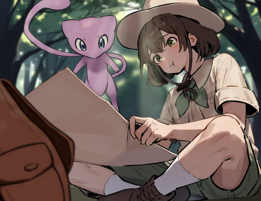 mew and budding expeditioner (pokemon and 2 more) drawn by hiraji