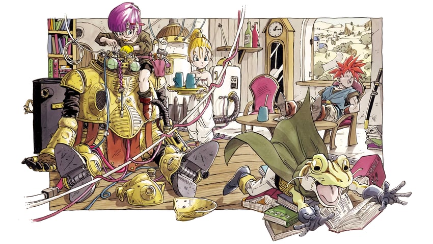 lucca ashtear, crono, marle, frog, and robo (chrono trigger) drawn by toriyama_akira