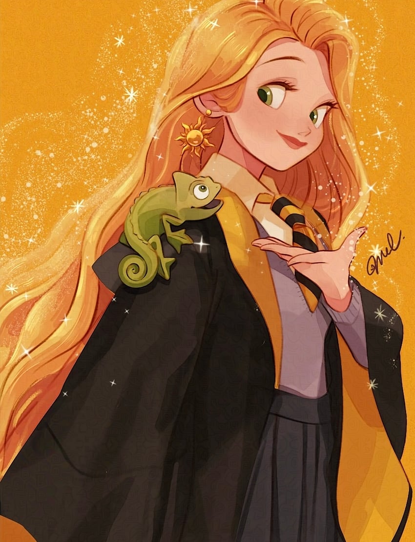 rapunzel and pascal (wizarding world and 2 more) drawn by melchencanto