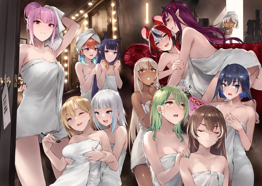 gawr gura, mori calliope, ninomae ina'nis, ouro kronii, nanashi mumei, and 6 more (hololive and 2 more) drawn by zen_juraku