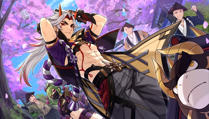 kuki shinobu, arataki itto, ushi, genta, mamoru, and 1 more (genshin impact) drawn by onimoti