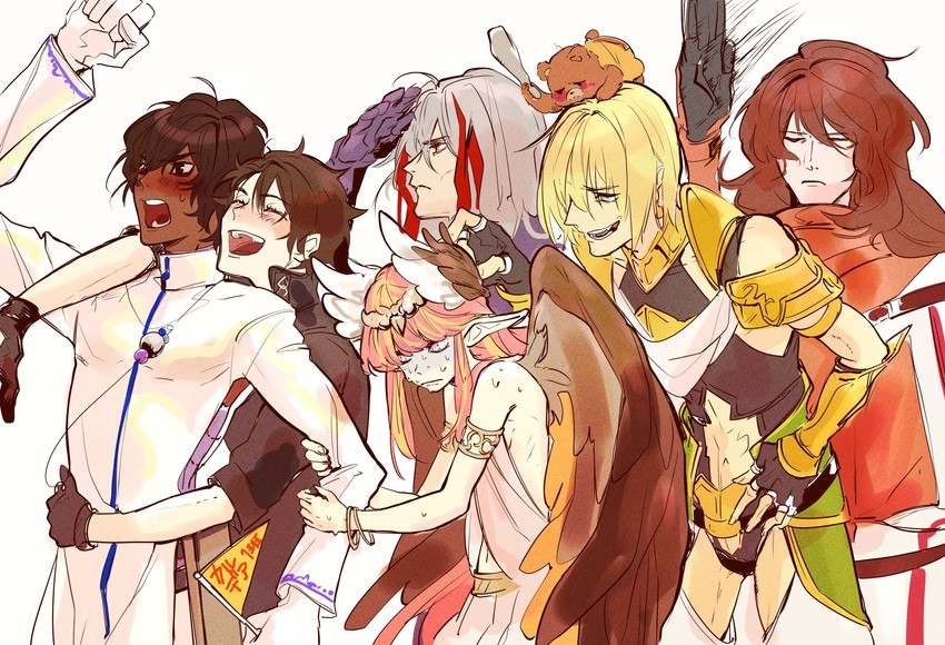 fujimaru ritsuka, arjuna, circe, jason, orion, and 2 more (fate and 1 more) drawn by killerwhale000