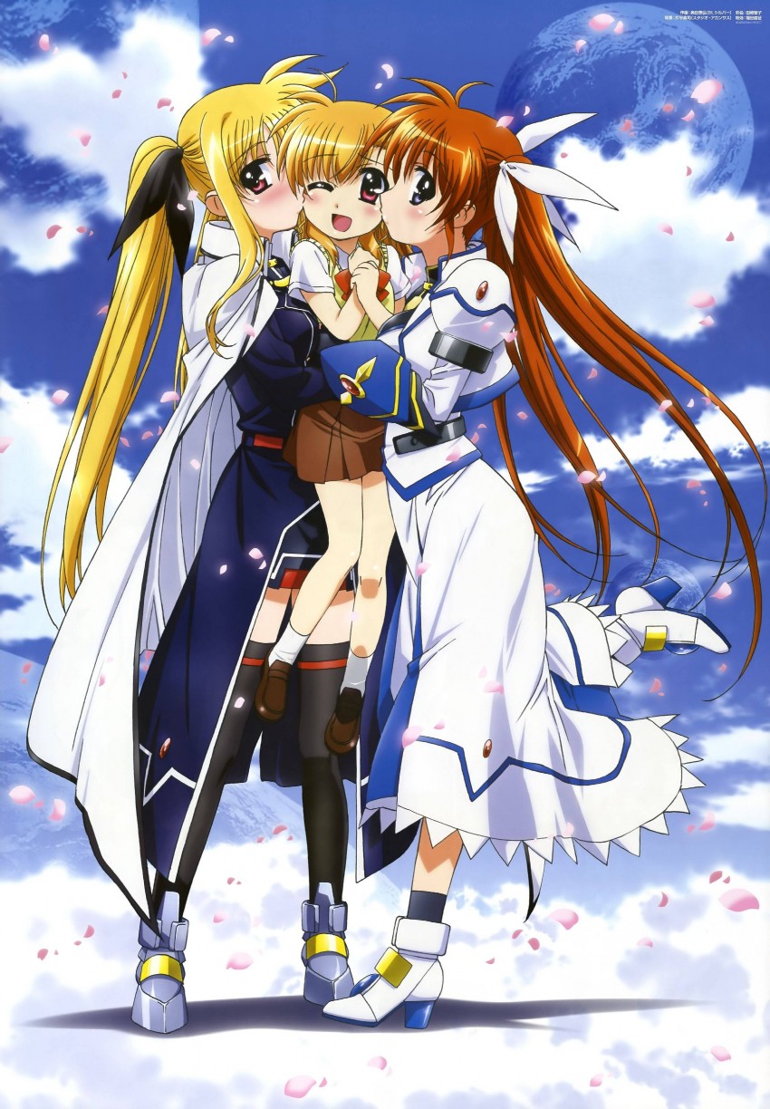 fate testarossa, takamachi nanoha, and vivio (lyrical nanoha and 1 more) drawn by okuda_yasuhiro