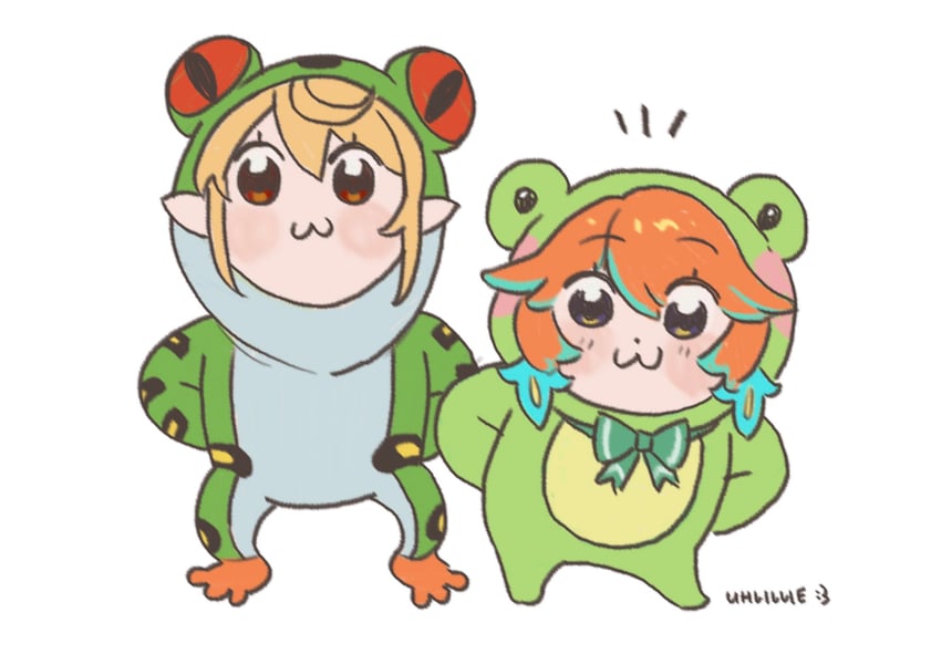 takanashi kiara, pomu rainpuff, frogiwawa, and froggy (hololive and 5 more) drawn by lillie_(uhlillie)