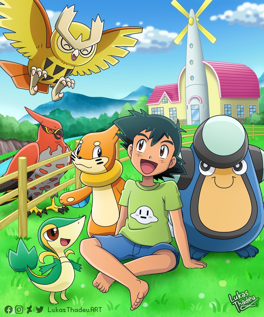 pikachu, ash ketchum, snivy, buizel, talonflame, and 2 more (pokemon) drawn by lukas_thadeu