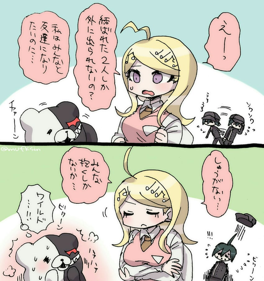 saihara shuichi, akamatsu kaede, and monokuma (danganronpa and 1 more) drawn by mufksin
