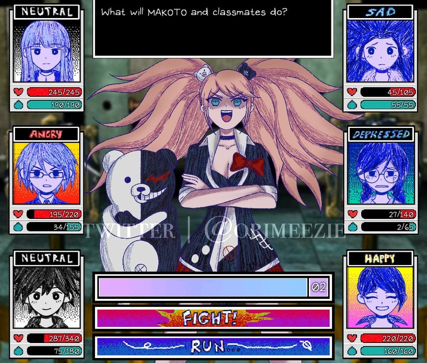 kirigiri kyoko, enoshima junko, monokuma, naegi makoto, fukawa toko, and 3 more (danganronpa and 2 more) drawn by orimeezie
