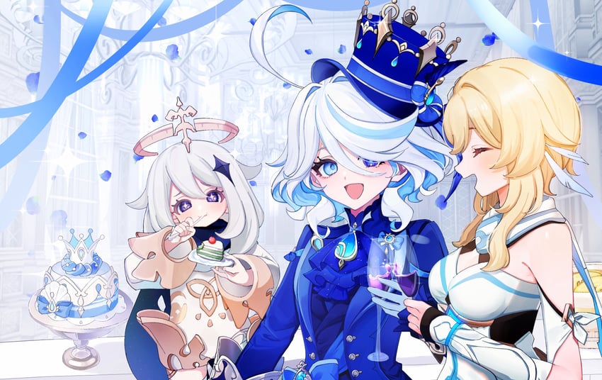 lumine, furina, and paimon (genshin impact) drawn by makino_(gensekiplease)