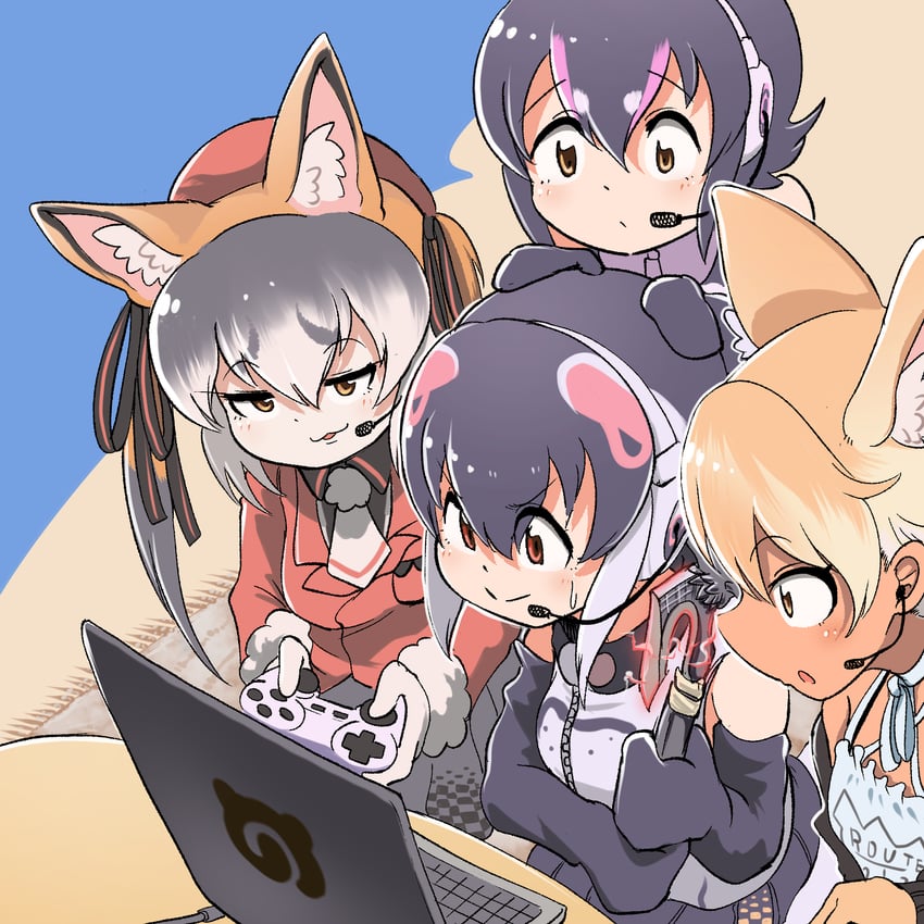 island fox, humboldt penguin, coyote, and african penguin (kemono friends and 1 more) drawn by mcgunngu