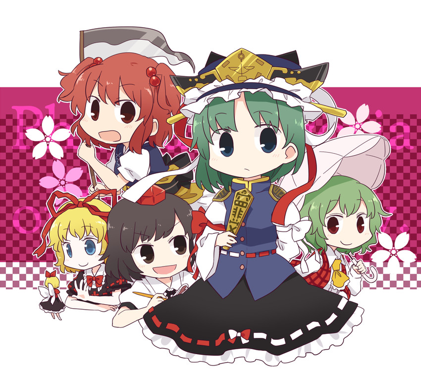shameimaru aya, kazami yuuka, shiki eiki, onozuka komachi, medicine melancholy, and 1 more (touhou and 1 more) drawn by yamabuki_(yusuraume)