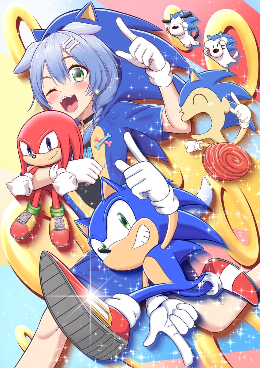 inugami korone, sonic the hedgehog, knuckles the echidna, listener, hoso-inu, and 1 more (hololive and 1 more) drawn by nekoshun