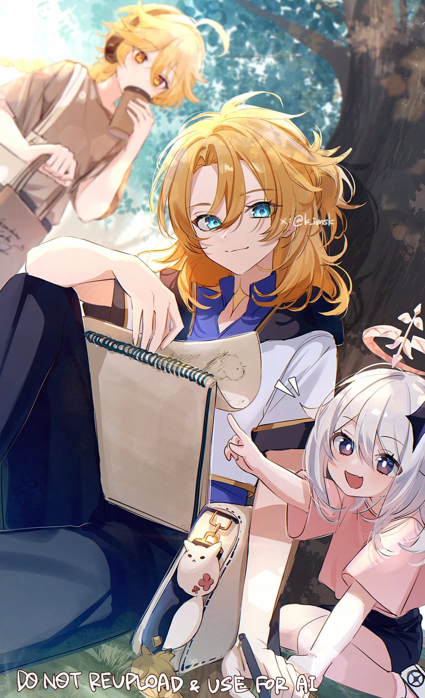 aether, paimon, and albedo (genshin impact) drawn by imasaki_kei
