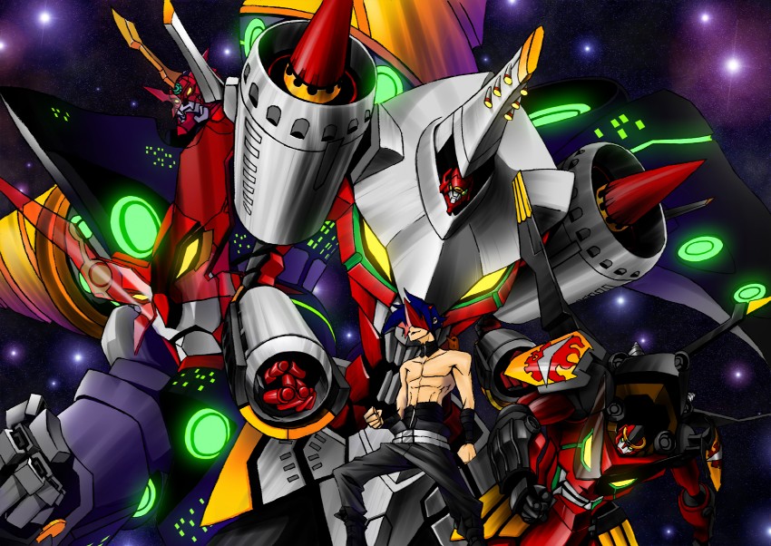 simon, gurren-lagann, chouginga gurren-lagann, and arc gurren-lagann (tengen toppa gurren lagann) drawn by canvasdiver_(anjwldj)