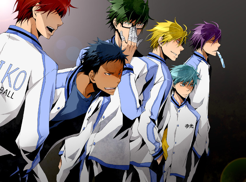 kuroko tetsuya, aomine daiki, kise ryouta, akashi seijuurou, midorima shintarou, and 1 more (kuroko no basuke) drawn by kou_(sen328)