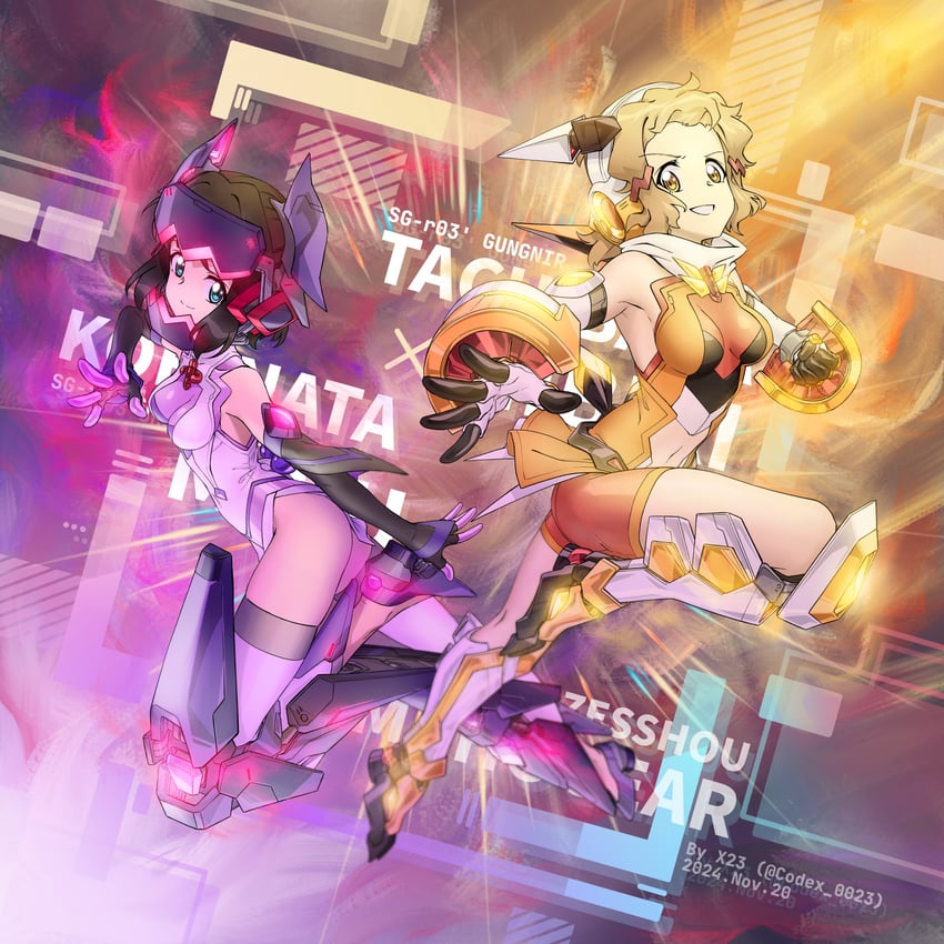 tachibana hibiki and kohinata miku (senki zesshou symphogear) drawn by 0x0023