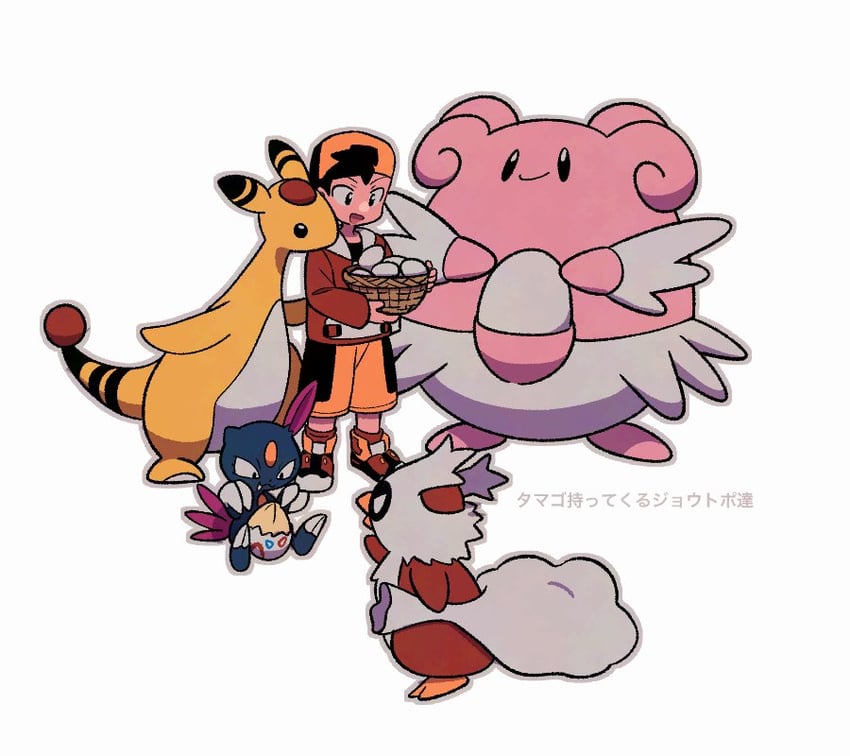 ethan, ampharos, sneasel, delibird, and blissey (pokemon and 1 more) drawn by tyako_089