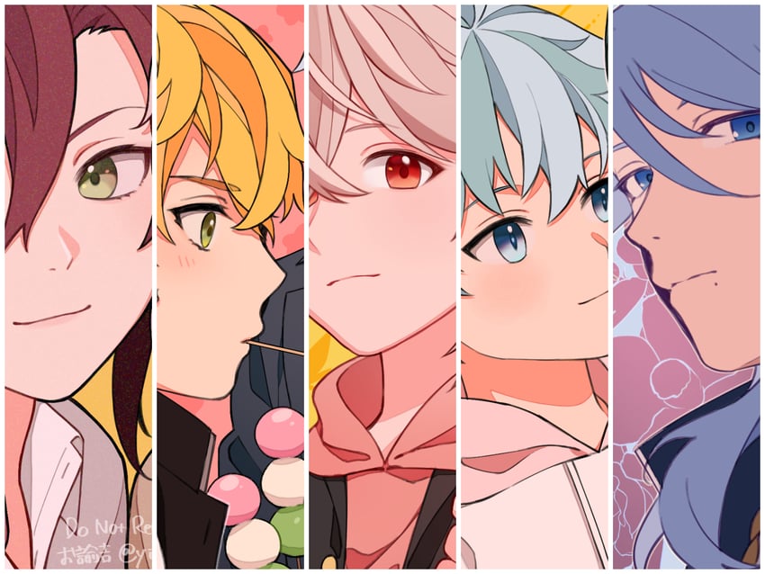 kaedehara kazuha, kamisato ayato, chongyun, thoma, and shikanoin heizou (genshin impact) drawn by oyukichi