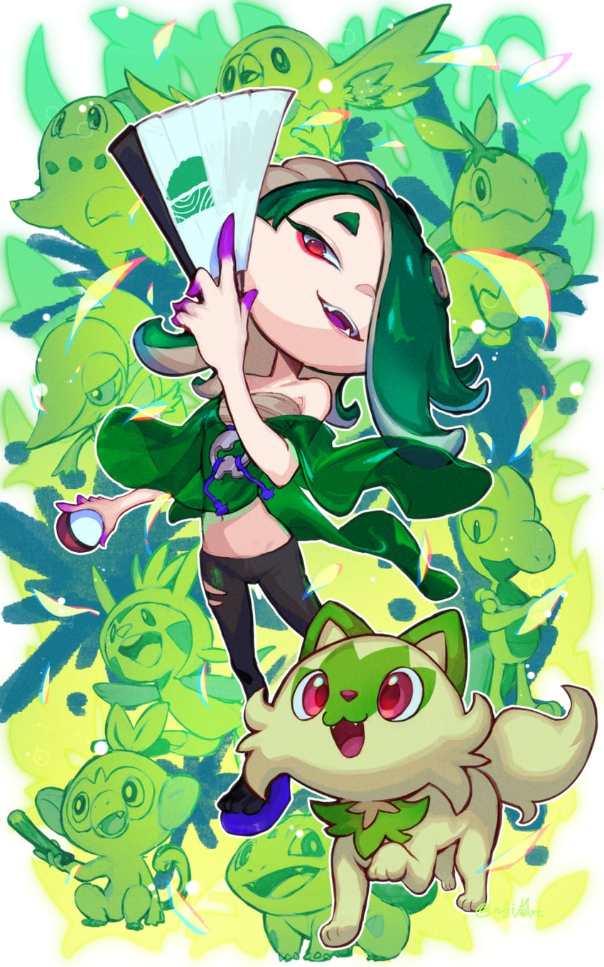 rowlet, bulbasaur, sprigatito, snivy, chikorita, and 5 more (pokemon and 2 more) drawn by nijimaarc