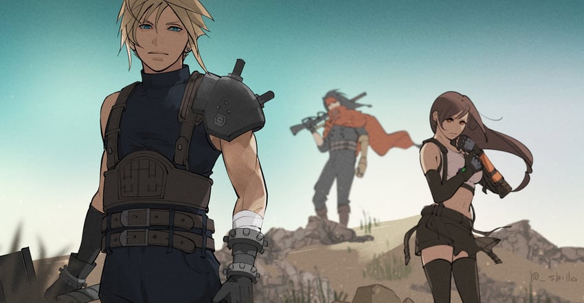 tifa lockhart, cloud strife, and vincent valentine (final fantasy and 2 more) drawn by shillo