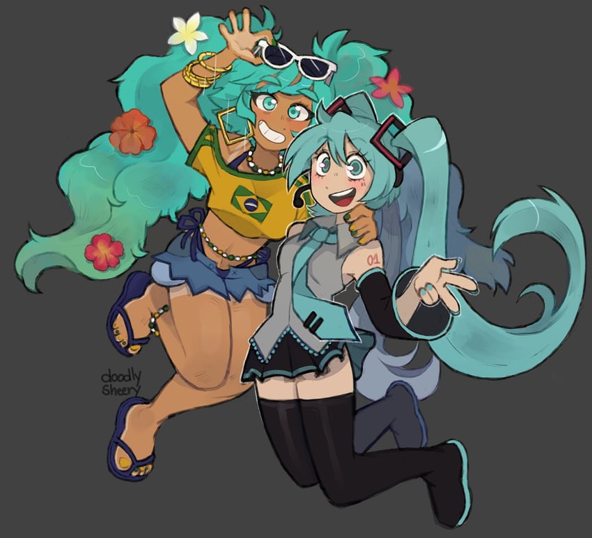 hatsune miku and brazilian miku (vocaloid) drawn by mitsuko_tan