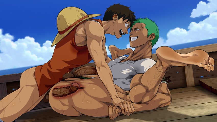monkey d. luffy and roronoa zoro (one piece) drawn by alterinku