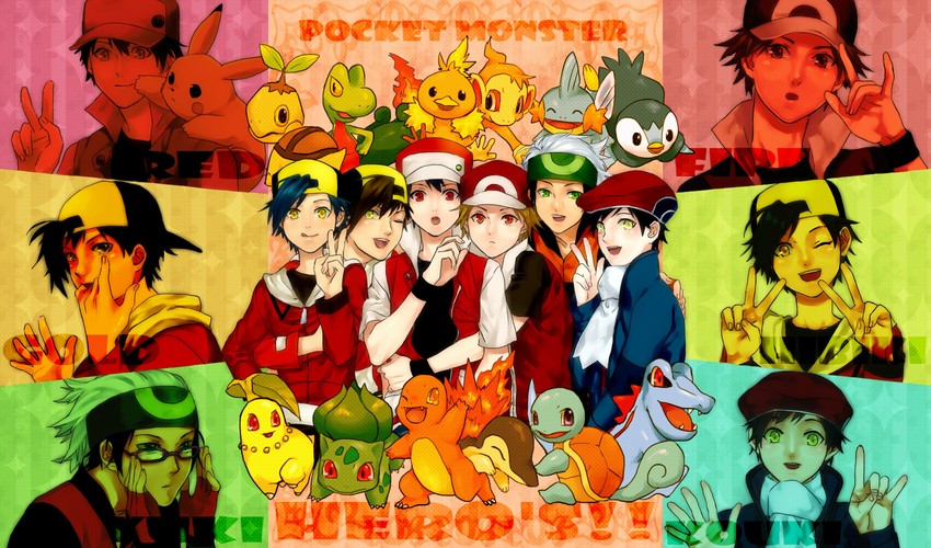 pikachu, red, ethan, piplup, brendan, and 12 more (pokemon and 8 more) drawn by yorozuame