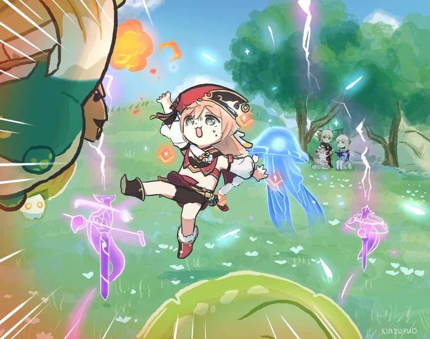 yae miko, sangonomiya kokomi, kaedehara kazuha, yanfei, and fungi (genshin impact) drawn by xinzoruo