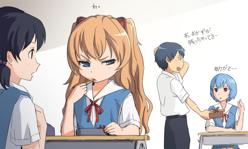 souryuu asuka langley, ayanami rei, ikari shinji, aisaka taiga, takasu ryuuji, and 1 more (neon genesis evangelion and 1 more) drawn by amado_(shin)