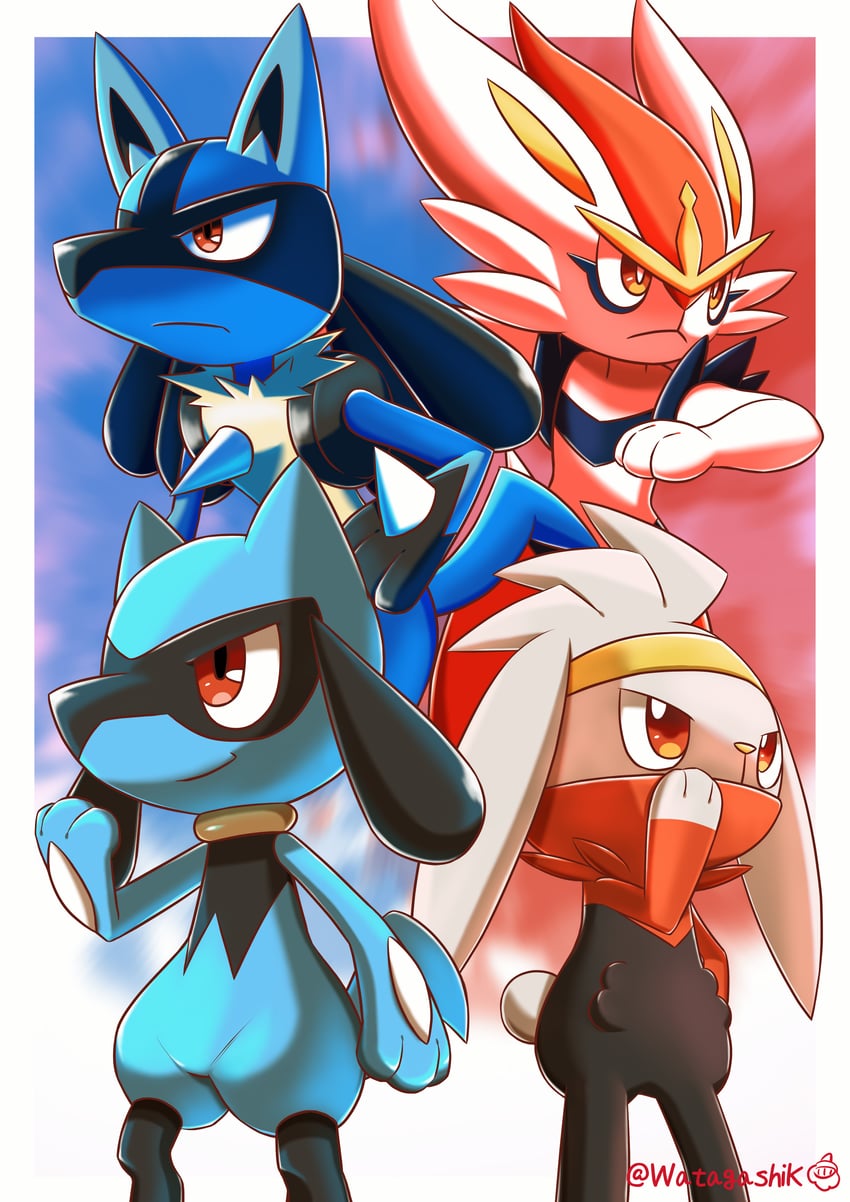 lucario, cinderace, riolu, and raboot (pokemon) drawn by watagashikn