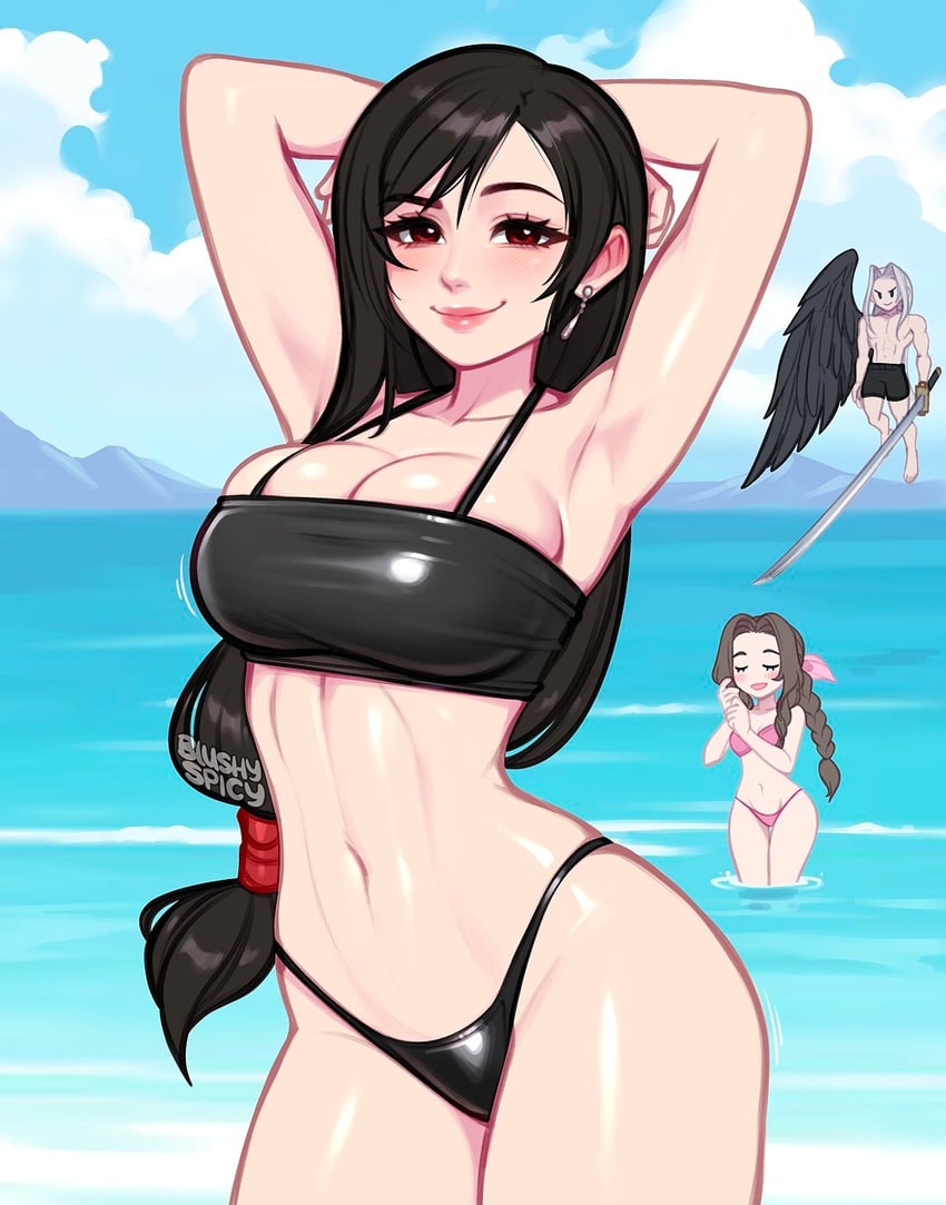 tifa lockhart, aerith gainsborough, and sephiroth (final fantasy and 1 more) drawn by blushyspicy