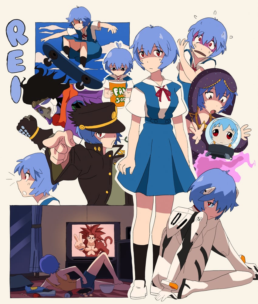 ayanami rei, kujo jotaro, son goku, star platinum, eva 00, and 1 more (jojo no kimyou na bouken and 4 more) drawn by chimeraenvy