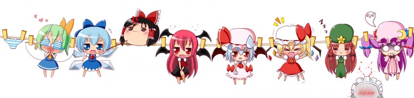 hakurei reimu, remilia scarlet, flandre scarlet, izayoi sakuya, cirno, and 4 more (touhou and 1 more) drawn by linda_b